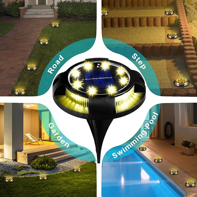 Solar Ground Lights Outdoor 8 Packs 12 LED Disk Lights Solar Powered Waterproof New In-ground Lights For Garden Deck Stair Step Lawn Patio Driveway Walkway Pathway Yard decoration(8 Pack, Warm Light)