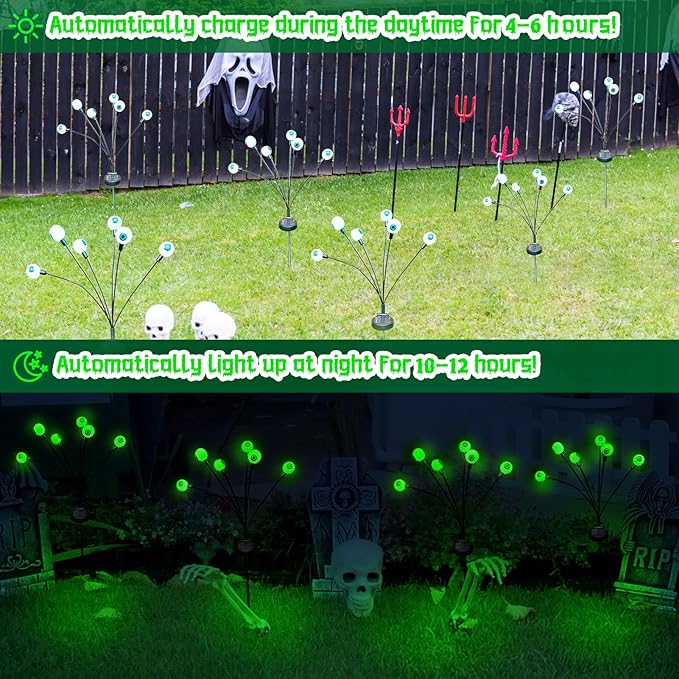 Halloween Decorations Outdoor, 3 Pack 18 LED Scary Solar Eyeball Lights, Green Solar Firefly Lights Outdoor Waterproof, Swaying Solar Halloween Lights for Yard/Garden/Pathway/Lawn/Party Decor