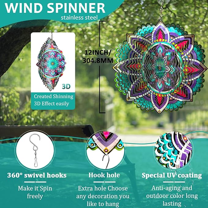 Wind Spinner for Yard and Garden,12in 3D Wind Spinner Mandala Purple Starlight,Wind Spinners Outdoor&Indoor Yard Art Decor,Christmas Decoration,Wind Sculpture Gift for Women/Mother/Men