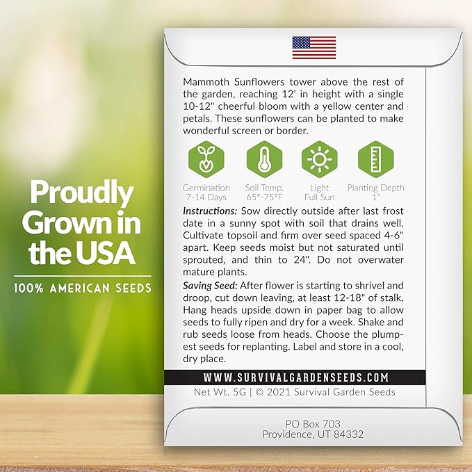 Survival Garden Seeds - Mammoth Sunflower Seed for Planting - 2 Packs with Instructions to Plant and Grow Enormous Colorful Flowers in Your Home Flower or Vegetable Garden - Non-GMO Heirloom Variety