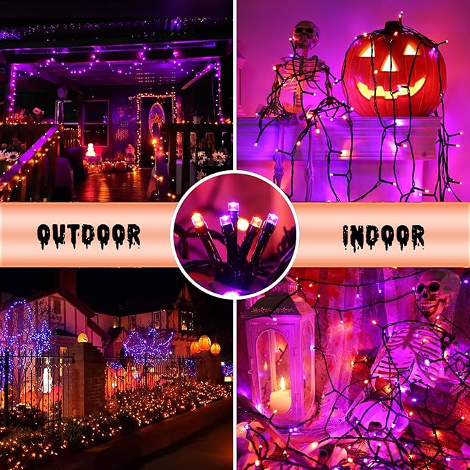 Orange and Purple Fairy Lights, 114ft 300 LED String Lights with 8 Modes, Waterproof Plug in for Indoor/Outdoor Halloween Party Decor