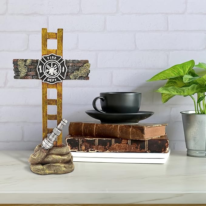 Firefighter Accessories, Fireman Standing Cross Statue Memorial 10", Fire Fighter Gifts