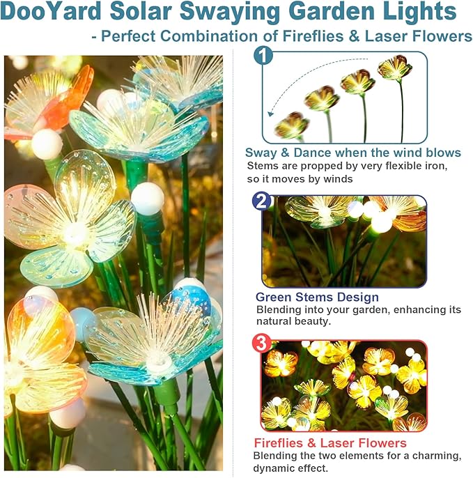 Solar Swaying Garden Lights – Upgraded Flower & Firefly Lights with Larger Solar Panel, Waterproof Outdoor Pathway & Flowerbed Light for Yard & Holiday Decor (4pack)