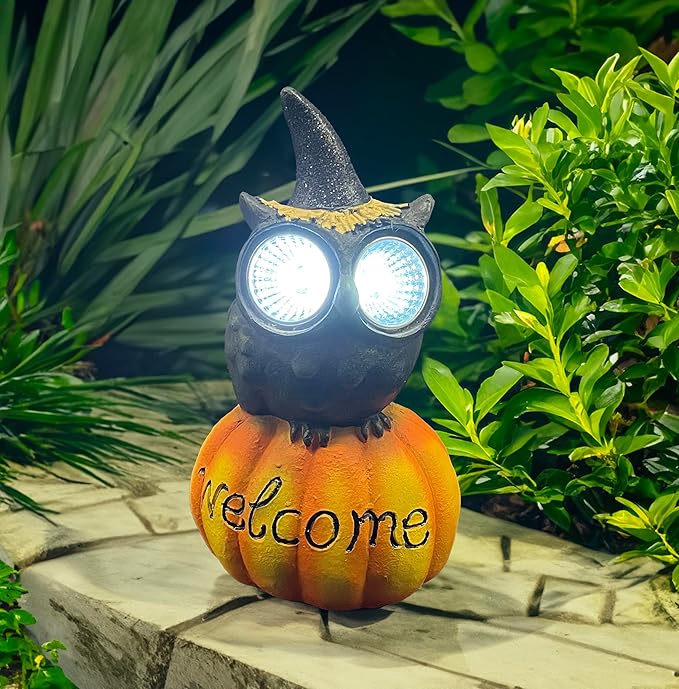 coolboy Pumpkin Owl Garden Statue,Waterproof LED Lights Outdoor Decor,Resin Owl Ornament,Pumpkin Lantern Indoor Figurines for Patio Garden Table Decor for Ourdoor Garden