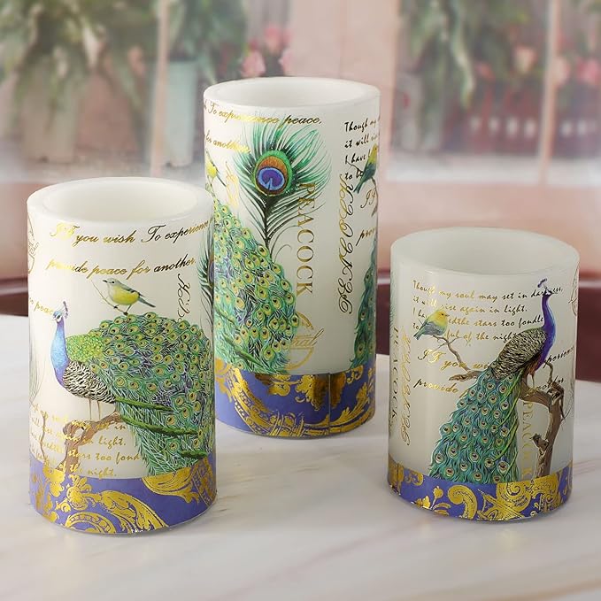 Flameless Peacock Battery Operated Candles With Remote - Flickering Pillar Real Wax LED Vintage Home Decor for Spring, Wedding, Mother's Day Gifts