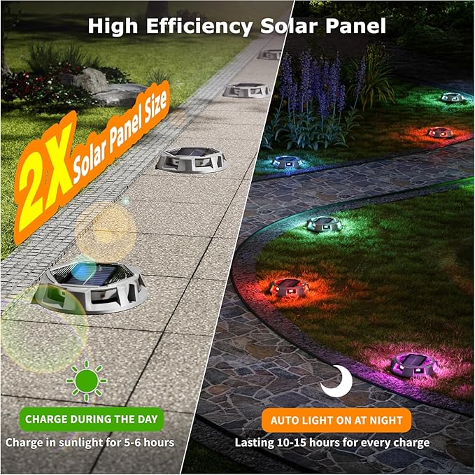 8Pack Aluminum Alloy Solar Driveway Lights, IP68 Solar Deck Light Marine Dock Lights Outdoor Waterproof, Multi-color LED Driveway Markers for Walkway, Path Decor [12Modes - Strobe/RGB/Fix-color]