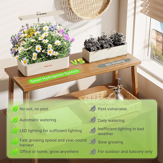 Hydroponics Growing System Kit 12 Pods, 24W LED Grow Light Indoor Garden, 4L Water Tank with Quiet Pump, Adjustable Height Herb Garden Planter Indoor Kit, Gardening Gifts, Beige