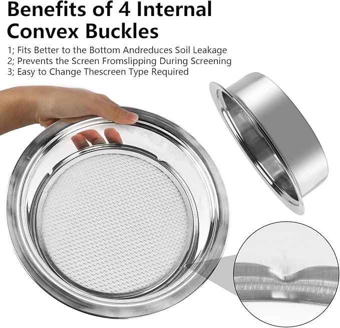 Dirt Garden Sieve Soil Sifter - Stainless Stackable Sifting Pan Soil Sand Sieve,9.5in Sifting Pan Contain 3 Sieve Mesh Filter Sizes (0.043",0.133",0.204") with Bonsai Soil Scoops,Garden Shovels 1PACK