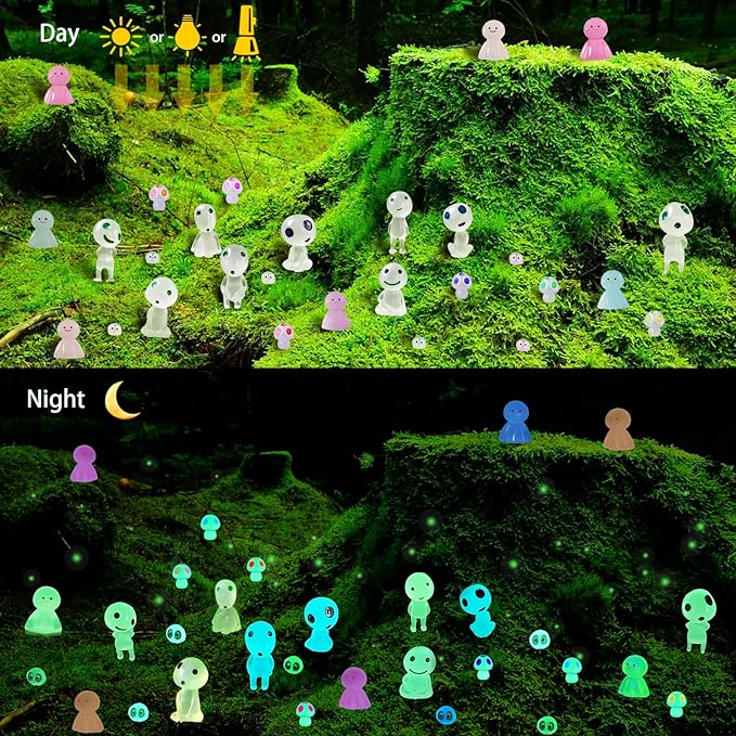 BEZALEL Glow in the Dark Tree Spirits, 49 Pcs Luminous Elves Tree Ghosts Figurines Kit, Mini Glow Fairy Garden Accessories Outdoor with Mini Mushrooms for Garden Bonsai Succulent Terrarium Decorations