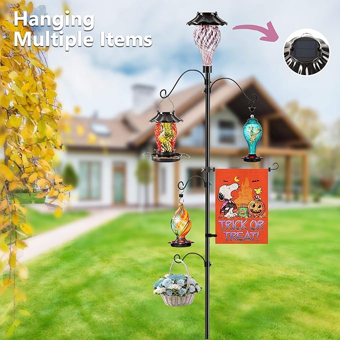 Solar Shepherds Hooks with Hand Blown Glass Lamp, Decorative RGB Lights, 4 Hooks & 1 Flag Holder, Heavy Duty Stand for Hanging Hummingbird Feeder, Bird Feeder, Plant, Landscape Light (Purple)