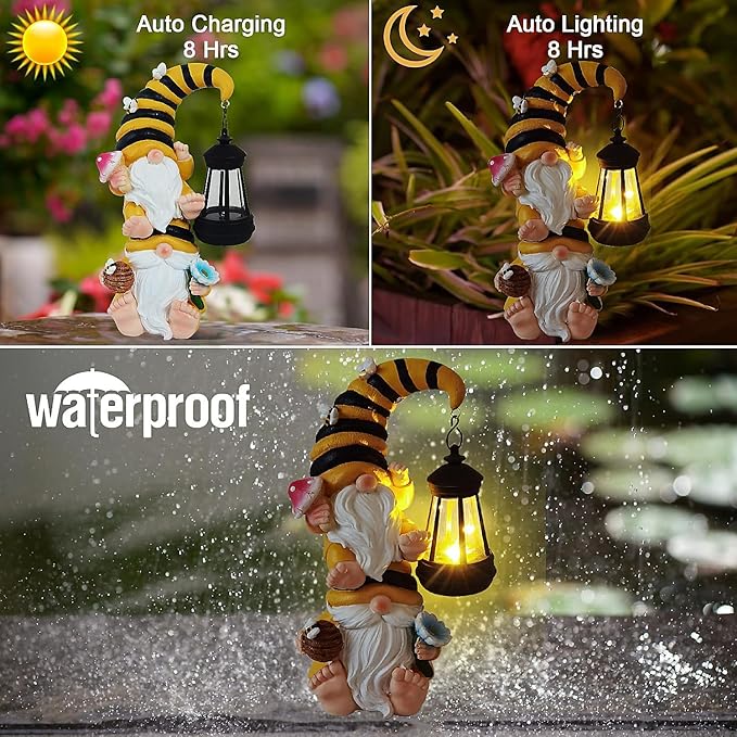 Garden Gnomes Outdoor Solar Bee Garden Gnomes with Led Lantern Outdoor Decor for Yard,Patio,Lawn,Gnome Gifts for Women,Mom,Gnomes Decorations for Yard
