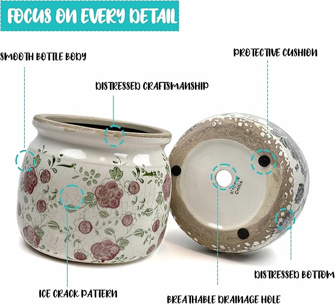 Vintage Ceramic Ice Crack Flower Pot with Drainage Holes, Country Rustic Planters for Indoor and Outdoor,Tuscan Decor,Home,Living Room, Garden Decor, Gardening Gift (Country)