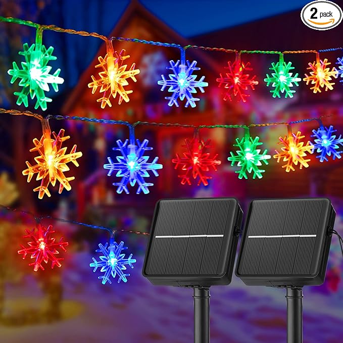 Brightown Solar Christmas Snowflake String Lights - 2 Pcs 100 LED 39 FT Outdoor Waterproof Fairy Lights with 8 Lighting Modes for Wedding, Party, Tree, Garden, Patio, Yard, Home, Multicolor