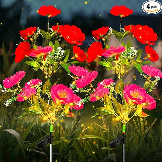 Neporal Solar Flowers Outdoor Waterproof Camellia，4PK Decorative Garden Lights Solar Powered Dusk to Dawn, 7-Stem, 2 Lighting Modes Plants Lights for Yard, Backyard, Porch (Pink+Red)
