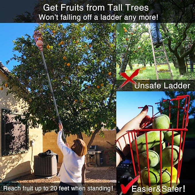 DonSail Fruit Picker Pole with Basket Telescoping, Adjustable Citrus Orange Picker Pole with Basket 35-150 inch Long Handle, Mango Avocado Fig Acorn Pear Pomelo Chery Lemon Picker for Tree