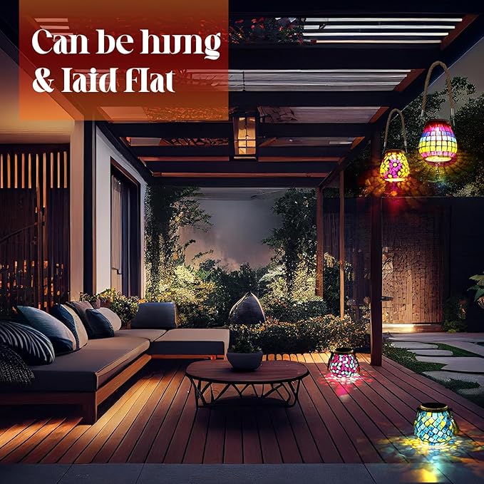 4 Pack Mosaic Solar Lights Outdoor Hanging Lanterns Waterproof Mosaic Lamp Decorative Solar Lanterns Night Lights for Garden, Patio, Yard, Holiday Party Decoration, 4 Pattern