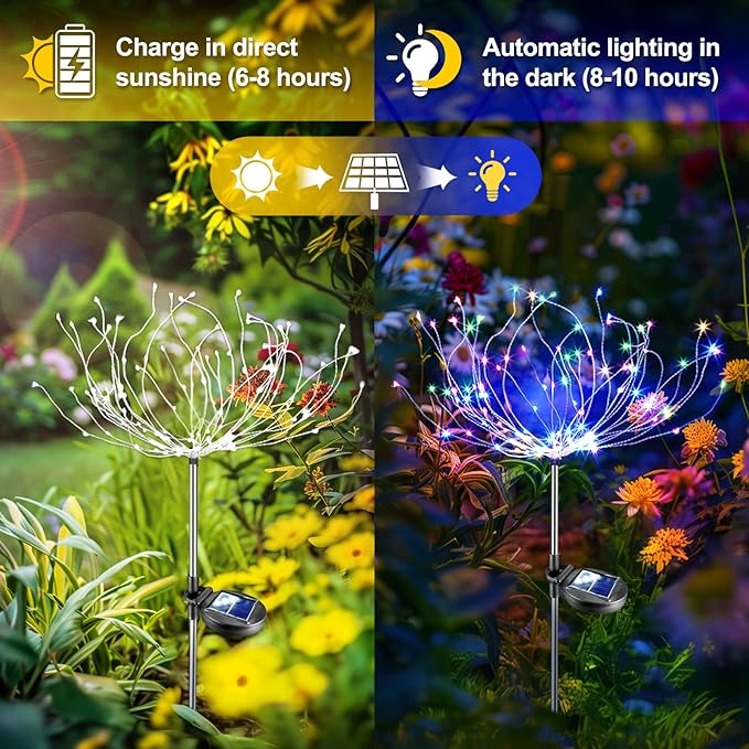 Anordsem Solar Fireworks Lights for Garden: Fairy Light Waterproof for Yard Outdoor Decorations - Sparkler Stick Powered for Patio 120 LEDs - Starburst Lamp Multi-Color Party Pathway Lawn 4 Pack