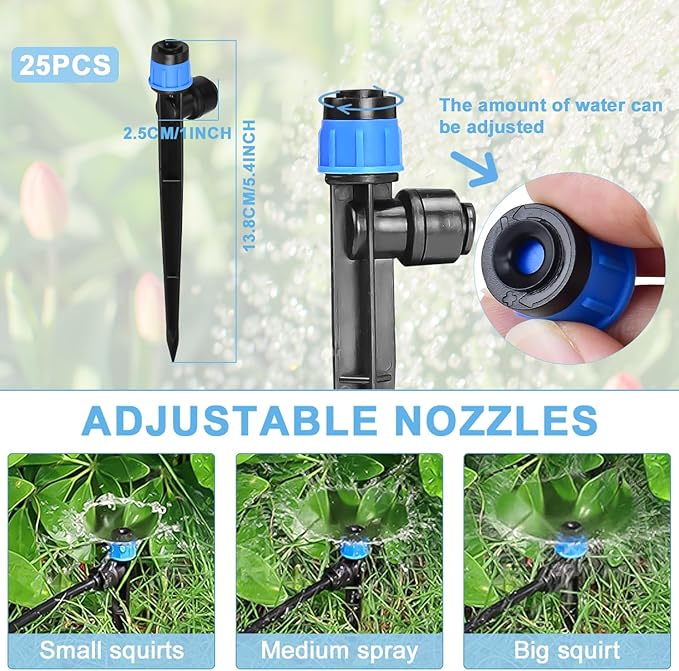 25PCS Easy-Connect Drip Irrigation Emitters, Drip Emitters Fan Shape for 1/4 inch Irrigation Tubing, Adjustable Water Flow Drip Emitters with Stake for Garden Patio Lawn(25PCS,Fan Shape)