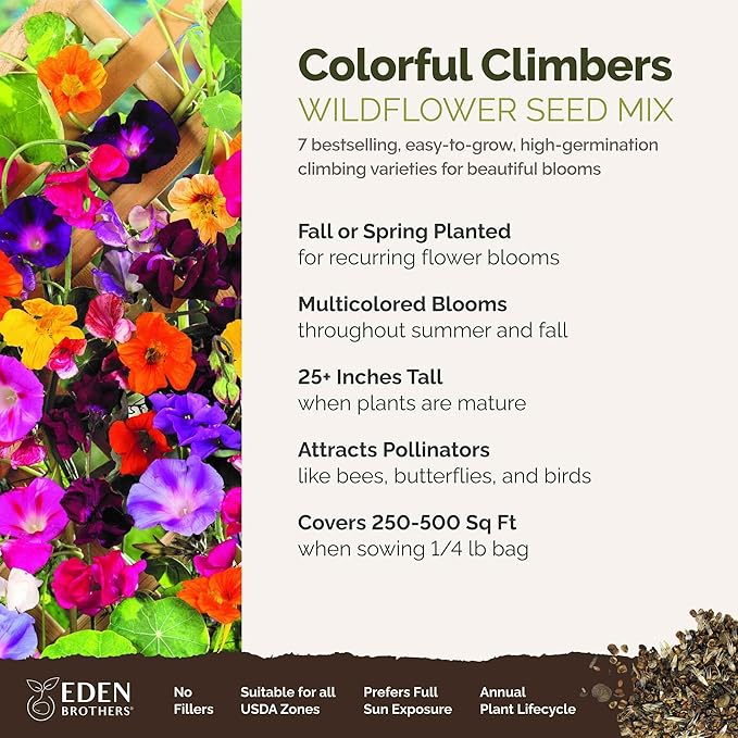 Eden Brothers Colorful Climbers Flower Mixed Seeds for Planting, 1/4 lb, 120,000+ Seeds with Morning Glory, Sweet Pea | Attracts Pollinators, Plant in Spring or Fall, Zones 3, 4, 5, 6, 7, 8, 9, 10