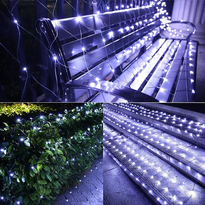 LYHOPE 12ft x 5ft 360 LED Christmas Net Lights, 8 Modes Low Voltage Green Wire Mesh Christmas Decorations Lights for Xmas Trees, Bushes, Wedding, Garden, Outdoor, Indoor Decor (Clear White)