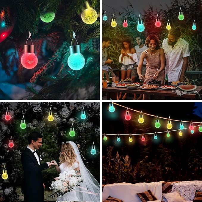 32 Pack Hanging Solar Lights Outdoor Decorative, Waterproof Solar Globe Lantern with Handle and Clip, Solar Powered Cracked Glass Ball Lights for Garden Yard Patio, Fence Tree Umbrella, Holiday Décor