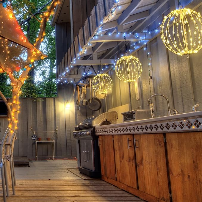 Hotelstar 96LED Foldable Light Sphere - 12IN Hanging, Pathway & Tree Light with Hook & Stake for Outdoor Garden, UL Listed, White Metal Frame, Warm White Light