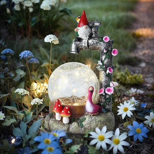 Solar Garden Outdoor Decor Dwarf Statue with Crackle Globe, Outside - Outdoor Decorations for Patio Yard Lawn Walkway Ornaments Clearance Ideal Gifts for Mom Grandma Birthday