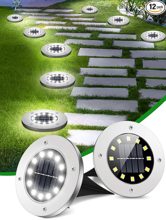 Coroor Solar Ground Lights, 12 LED Waterproof Garden Disk Lights for Outdoor Pathway, Yard, Lawn, Patio, Walkway, Pool (12 Packs White)