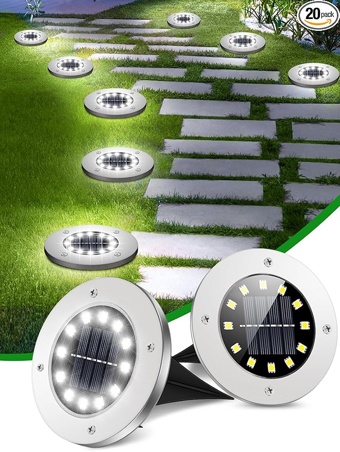 Coroor Solar Ground Lights, 12 LED Waterproof Garden Lights Outdoor Bright In-Ground, Solar Disk Lights Outdoor Decorations for Pathway Yard Lawn Patio Walkway Pool(20 Packs White)