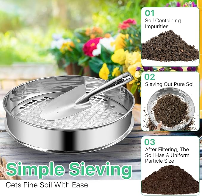 2 Pcs Soil Sifter and Shovel, Stainless Steel Sand Sifter for Gardening, Dirt Sifter Strainer for Sand Rocks Dirt Seed Compost, 11.8 inch