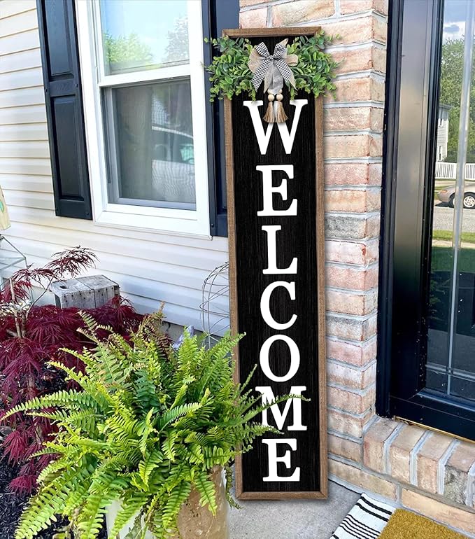 Surfapans Welcome Sign for Front porch Standing 45"X9"Large Wood Frame Outdoor Tall Welcome Signs Vertical Decor for Farmhouse Rustic Home Modern Outside Front Door Wall Decorations (Wood Black)