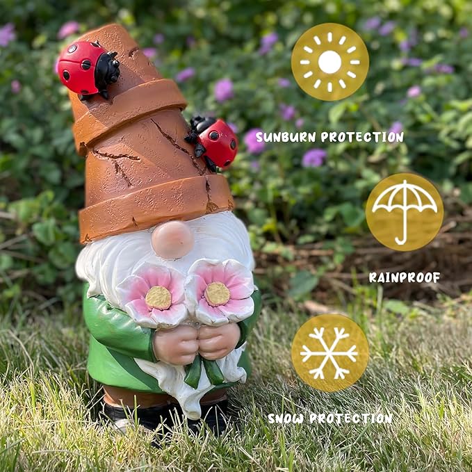 Garden Gnome Statues Outdoor Decor, Solar Gnomes with LED Lighted Flowers, Solar Resin Outdoor Statue Sculpture, for Woman Gift Home and Garden Decor