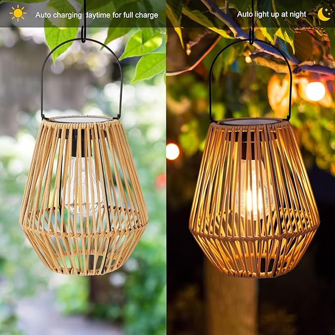 Solar Lantern,2 Pack Solar Wicker Lanterns Outdoor Waterproof Boho Lights for Outside Hanging Rattan Lights Outdoor Patio Lanterns Decoration for Garden,Yard,Porch,Trees,Lawn,Pathway