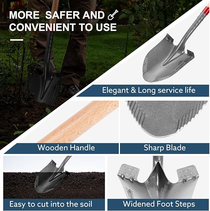 Garden Shovel Round Digging Shovel Heavy Duty Shovel for Digging Trenching Gardening Camping, 43 inches