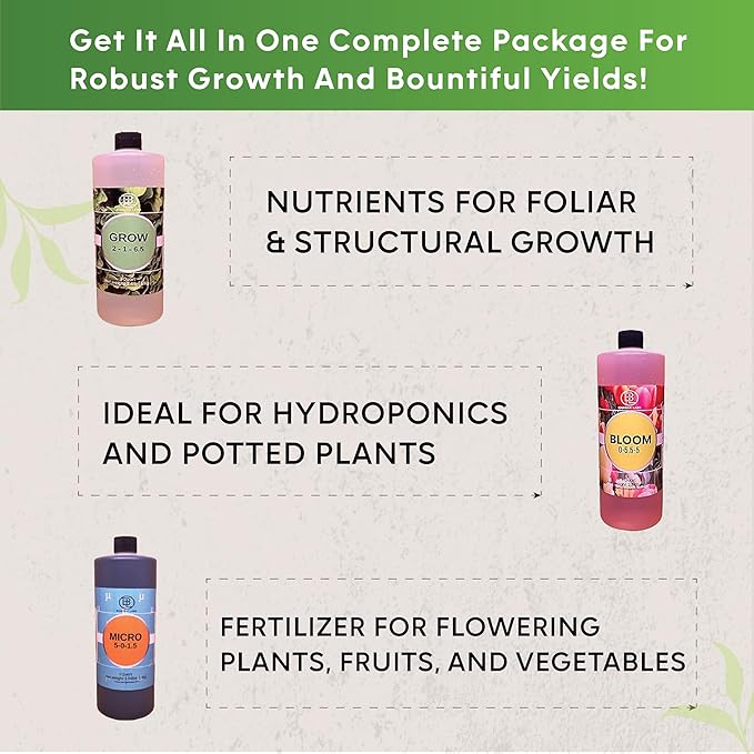 Hydroponic Nutrient Kit – Grow, Bloom, Micro Plant Food for Growing Vegetables Fruits Flowers Herbs for Indoor & Outdoor Soil | Ideal for Hydroponics and Potted Plants