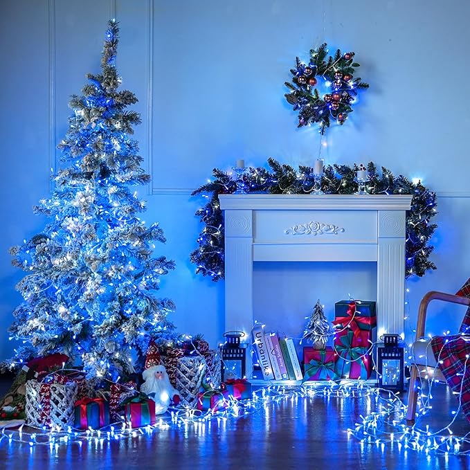 JMEXSUSS Blue and White Christmas Lights Outdoor, 8 Modes 400 LED Christmas String Lights Indoor,132ft LED Lights Plug in for Christmas Tree Party Decorations