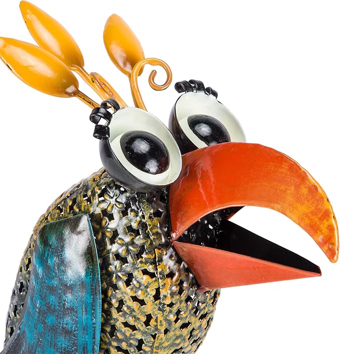 Alpine Corporation 12" Tall Outdoor Metal Wide-Eyed Bird Standing Yard Statue Decoration, Multicolor