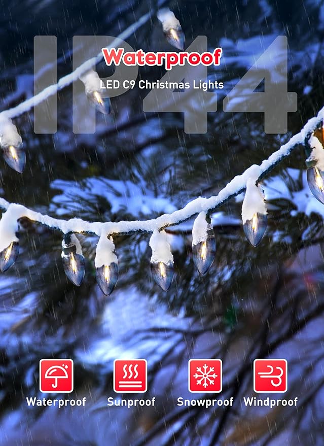 Vintage C9 LED Christmas Lights Outdoor, 200 Ft C9 String Lights with 200 Shatterproof Warm White Bulbs, Waterproof Connectable Christmas Tree Lights for Roofline Holiday Garden Party Xmas Decorations