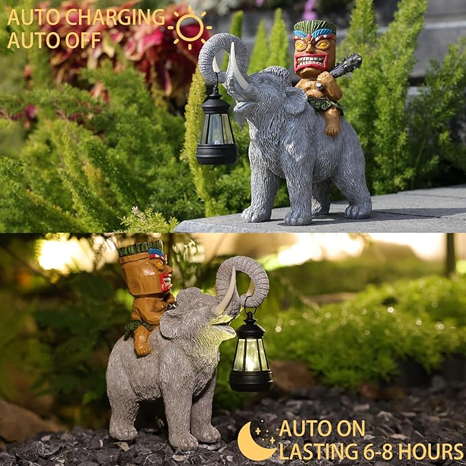 Solar Tiki Statue-Outdoor Statues-Tiki Bar Decor-Solar Powered Light Garden Figurine Tiki Decoration for Bar,Patio,Balcony,Yard,Lawn,Table,Riding A Elephant 9.09 Inches Tall