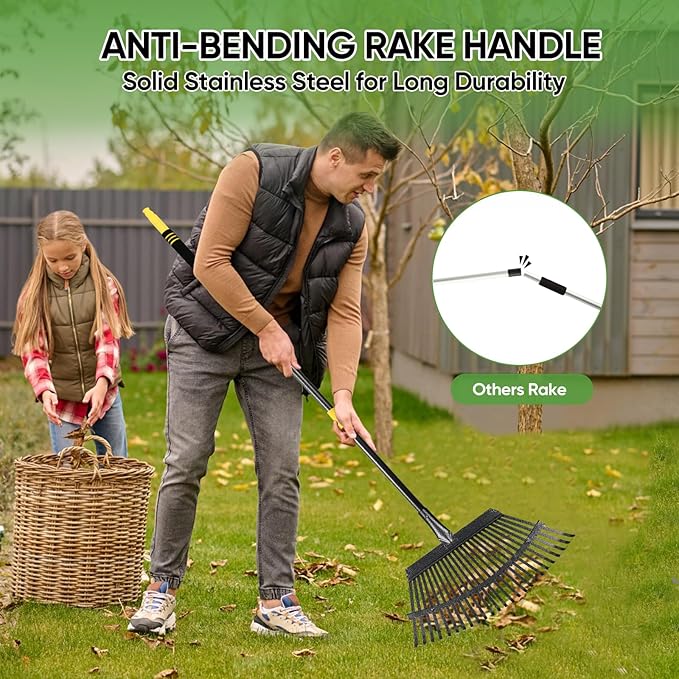 Garden Leaf Rakes, 6FT Rakes for Lawns Heavy Duty 25 Metal Tines 18.5 inch Wide, Adjustable Long Steel Handle, Rakes for Leaves, Gathering Shrub, Leveling Grass, Flower Beds, Yards
