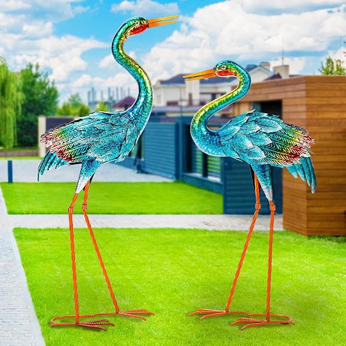 Natelf Crane Statues for Garden Decor, Blue Heron Sculptures, Metal Large Birds Lawn Sculptures & Statue for Patio Pond, Yard Decorations, Set of 2