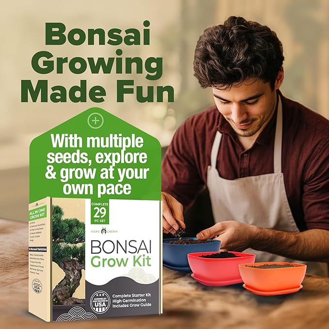 HOME GROWN Bonsai Tree Kit: Unique Christmas Gift for Men - Bonsai Starter Kit w/ 6 Seed Varieties - Unique Designed Pots - All-in-One Craft Kit for Adults for Gardeners & Plant Lovers