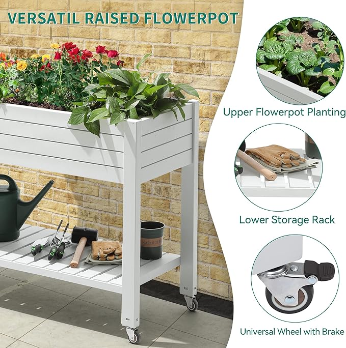YITAHOME 3.6x1.5x2.8 FT Elevated Garden Bed Kit with Legs and Wheels, Outdoor Large Resin Planter Box Stand with Drain Plug and Storage Shelf for Plants Vegetables Fruits, Grayish-White