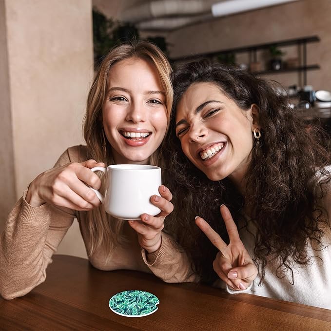 Green Tropical Foliage Palm Leaves Car Coasters,Ceramic Absorbent Cup Holders with Finger Notch & Cork Base Car Assecories for Women/Men 2.6"(2 Pieces)