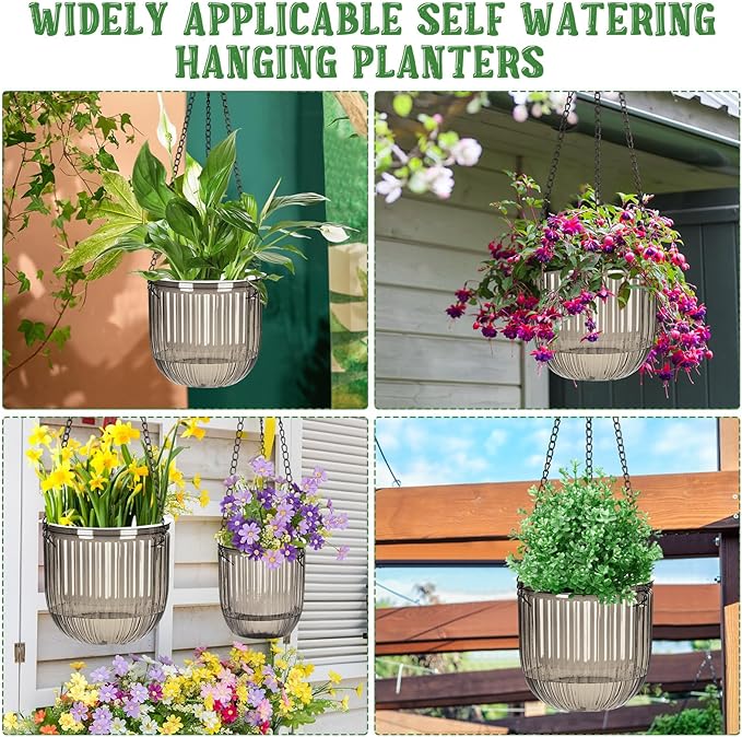 Maxcheck 4 Pcs Self Watering Hanging Planters Indoor 6.5'' 4.5'' Hanging Flower Pots Baskets Outdoor Self Watering Hanging Plant with 3hooks Drainage Holes for Home(Gray)