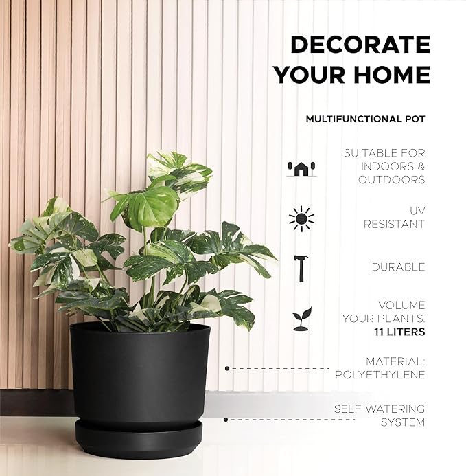 Elly Décor 12 inch Plastic Cylinder Planter Pot with Self-Watering Saucer and Drainage Hole,Lightweight & Extremely Durable, 12"x 12", Black