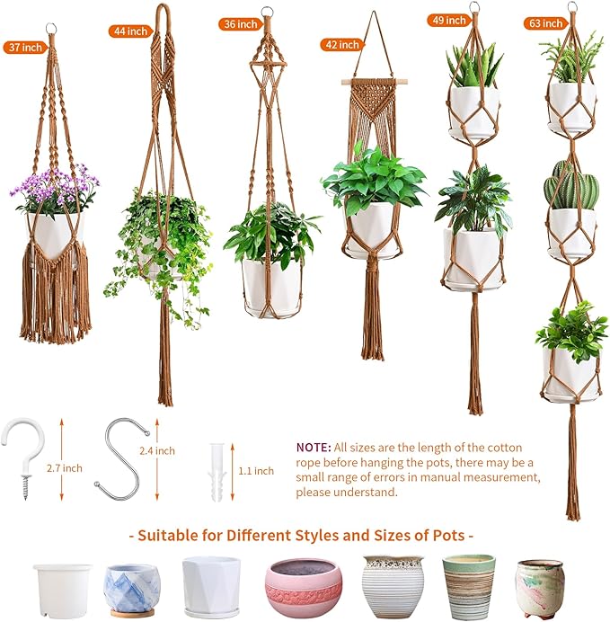 Macrame Plant Hangers, 6Pack Hanging Planters for Indoor Plants w/ 6 Set Hangers Kit Handmade Macromay Plant Hangers Indoor Flower Pots Holder Stand for Boho Home Décor (POTS NOT Included)