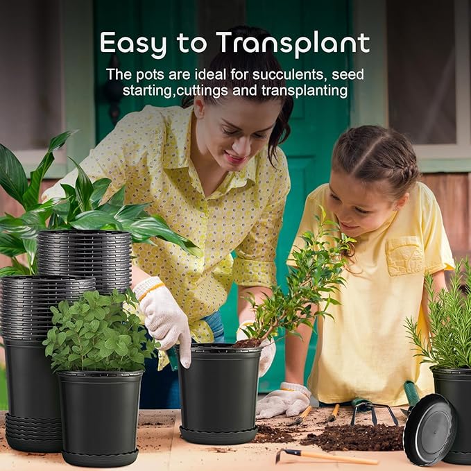 GROWNEER 12 Set 6‘’ 1 Gallon Nursery Pot for Plants Flexible Flower Pots with Drainage Hole and Saucer, Plant Container for Indoor Outdoor, Seedlings, Vegetables, Succulents, Cuttings(Black)