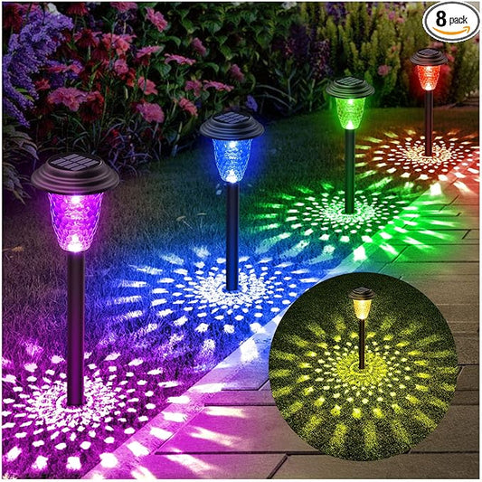 Solar Pathway Lights, 8 Pack Bright Color Changing/Warm White Solar Lights Outdoor Waterproof Solar Garden Lights, Outdoor Lights Solar Powered Landscape Path Lights for Yard, Walkway, Lawn