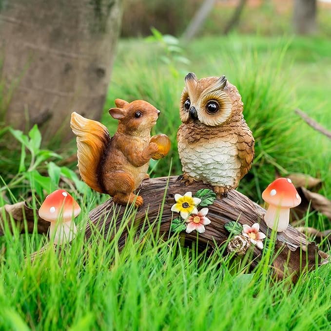 Solar Owl Garden Statues Outdoor Decor Resin Owl Squirrel Figurine with Mushroom Lights for Patio Lawn Yard Decorations Christmas Housewarming Gardening Gifts for Women Mom
